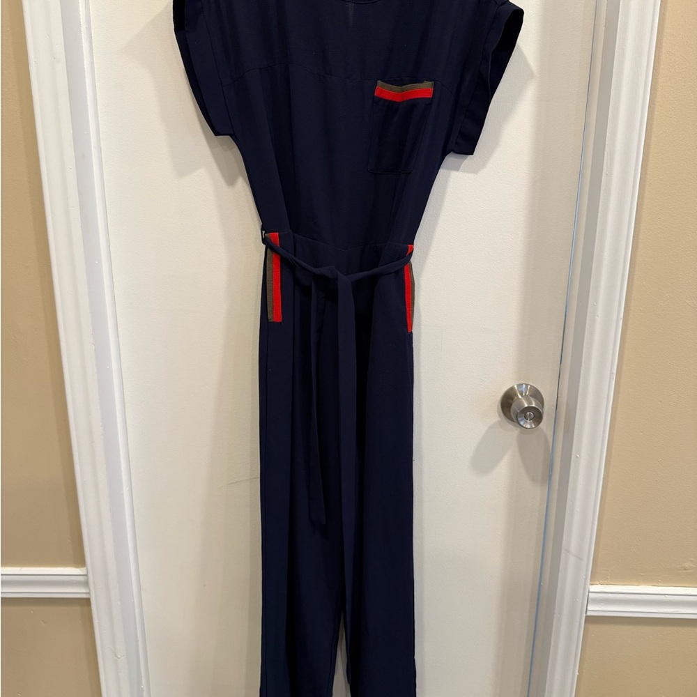 Navy Jumpsuit with Red & Green Accents